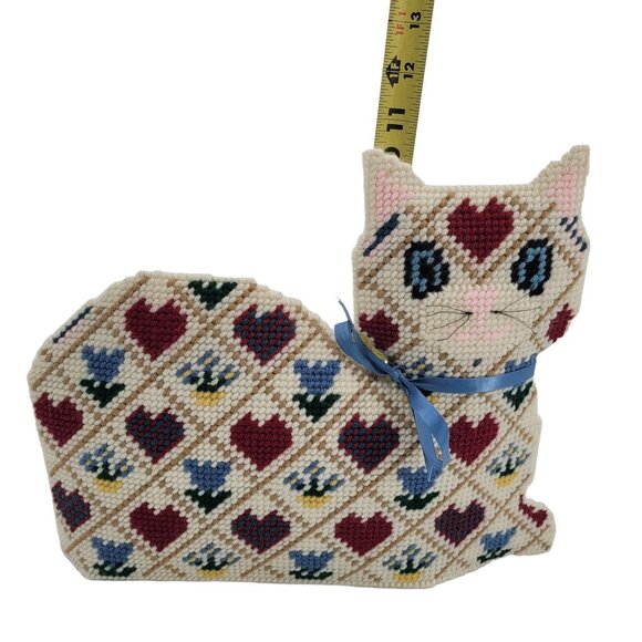 Handmade 3 D Kitty Cat Needlepoint Kitty With Hearts, Flowers On Plastic Canvas - Picture 7 of 11